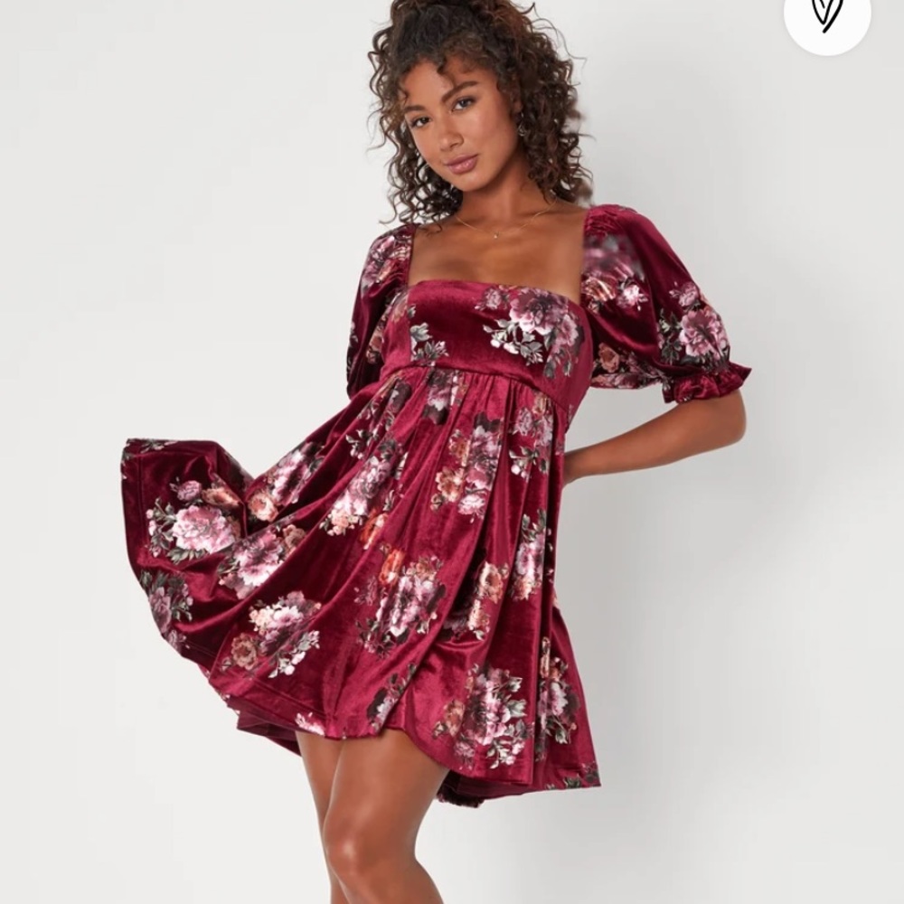 Adorably darling burgundy velvet floral print babydoll dress